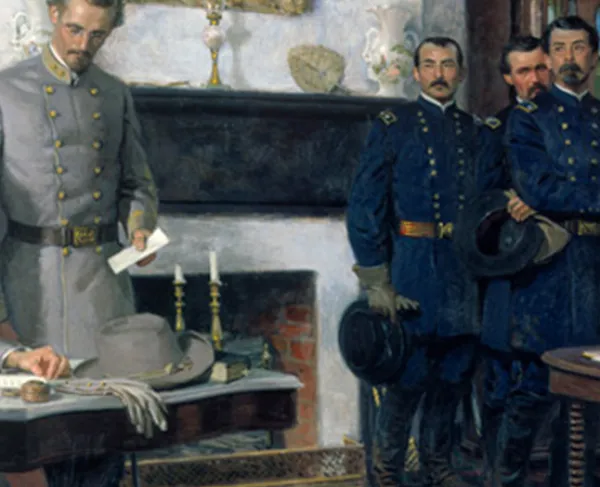 This painting portrays Lee's surrender at Appomattox Court House.