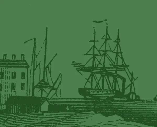 This is a sketch of a ship docking into a harbor.