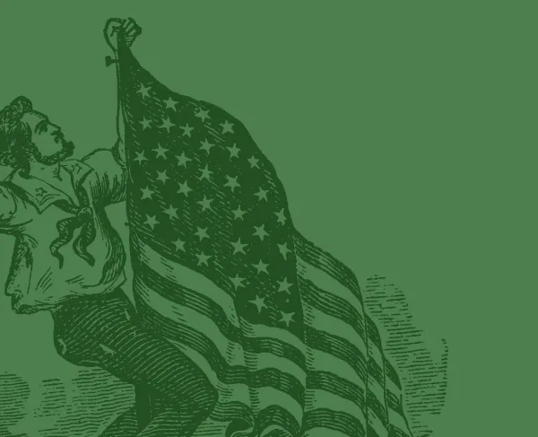 This is a sketch of a man holding up the American flag as it waves in the wind.