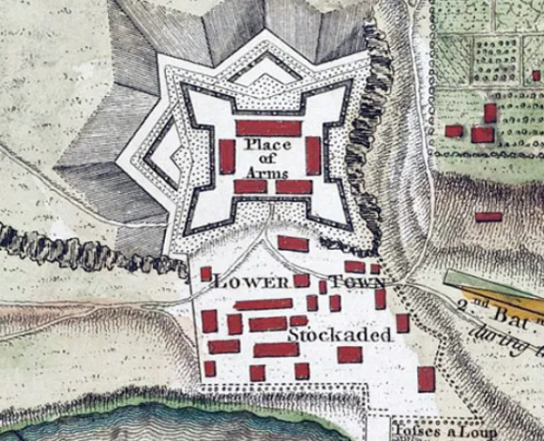 This is a sketched map surveying the terrain of Fort Ticonderoga.