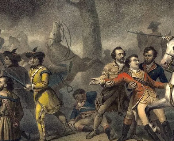 This is an image of George Washington leading his troops into battle on horseback.