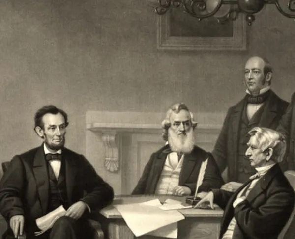 This is a depiction of Lincoln sitting with his Cabinet members.