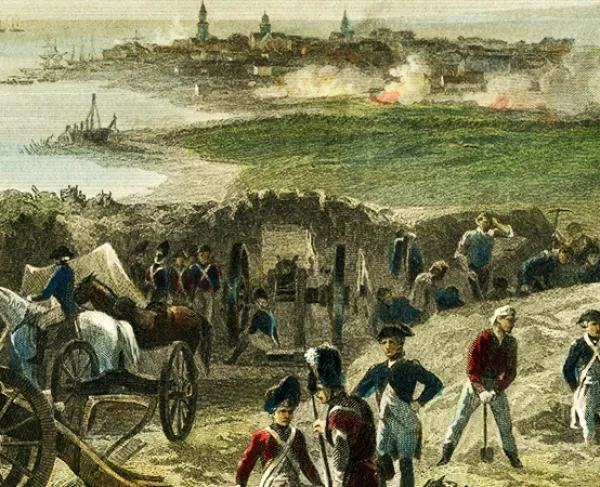 This painting portrays the conflict and gunfire at the Siege of Charleston.