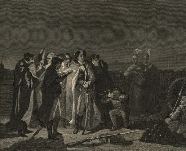 A general and his soldiers discussing plans.