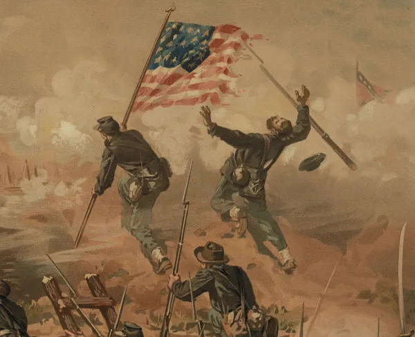 This is an illustration of a lone soldier waving the American flag amidst the smoke and dust on the battlefield.