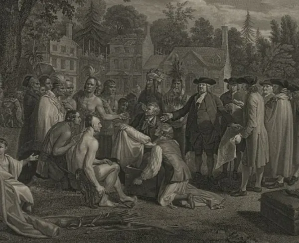 Native Americans and colonists meeting.