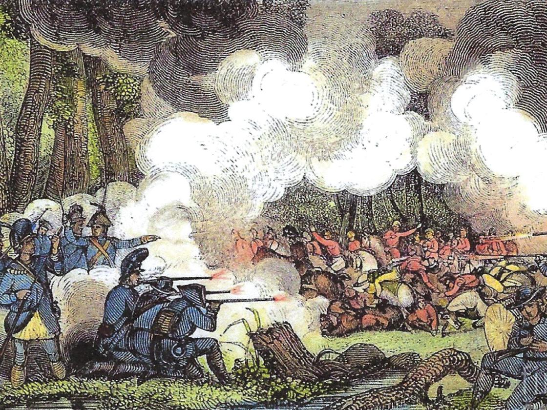 A colorized engraving showing a battle in the woods.