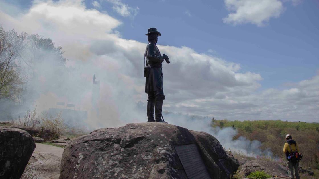 A successful prescribed fire was conducted on the west slope of Little Round Top on April 17, 2021. Here, you see General Warren’s view of the burn.