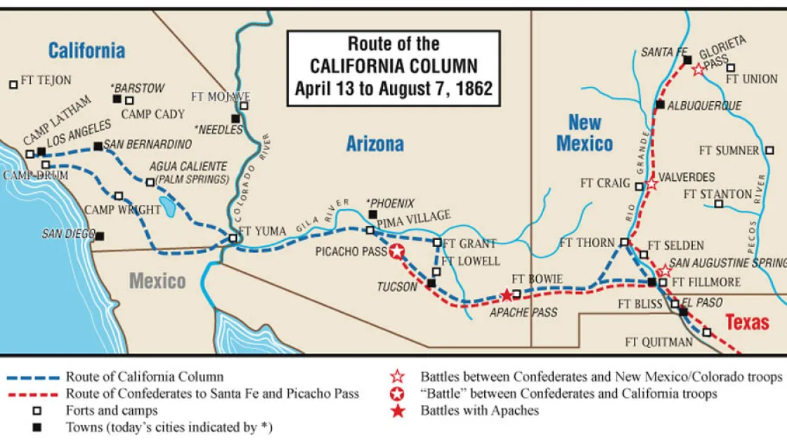 This map demonstrates the route taken by the California Column through the Arizona territory to get into Texas.