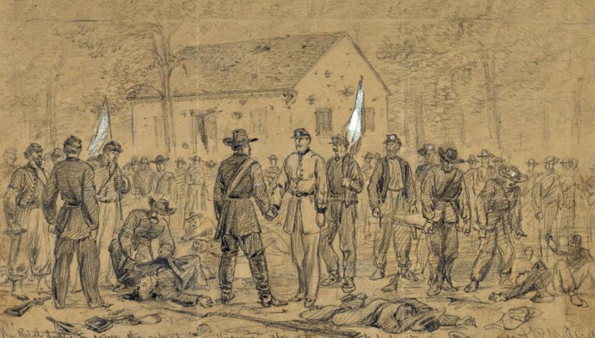 A sketch by well known Civil War artist Alfred Waud depicts a truce between the opposing sides being held in front of the church on September 18, 1862.