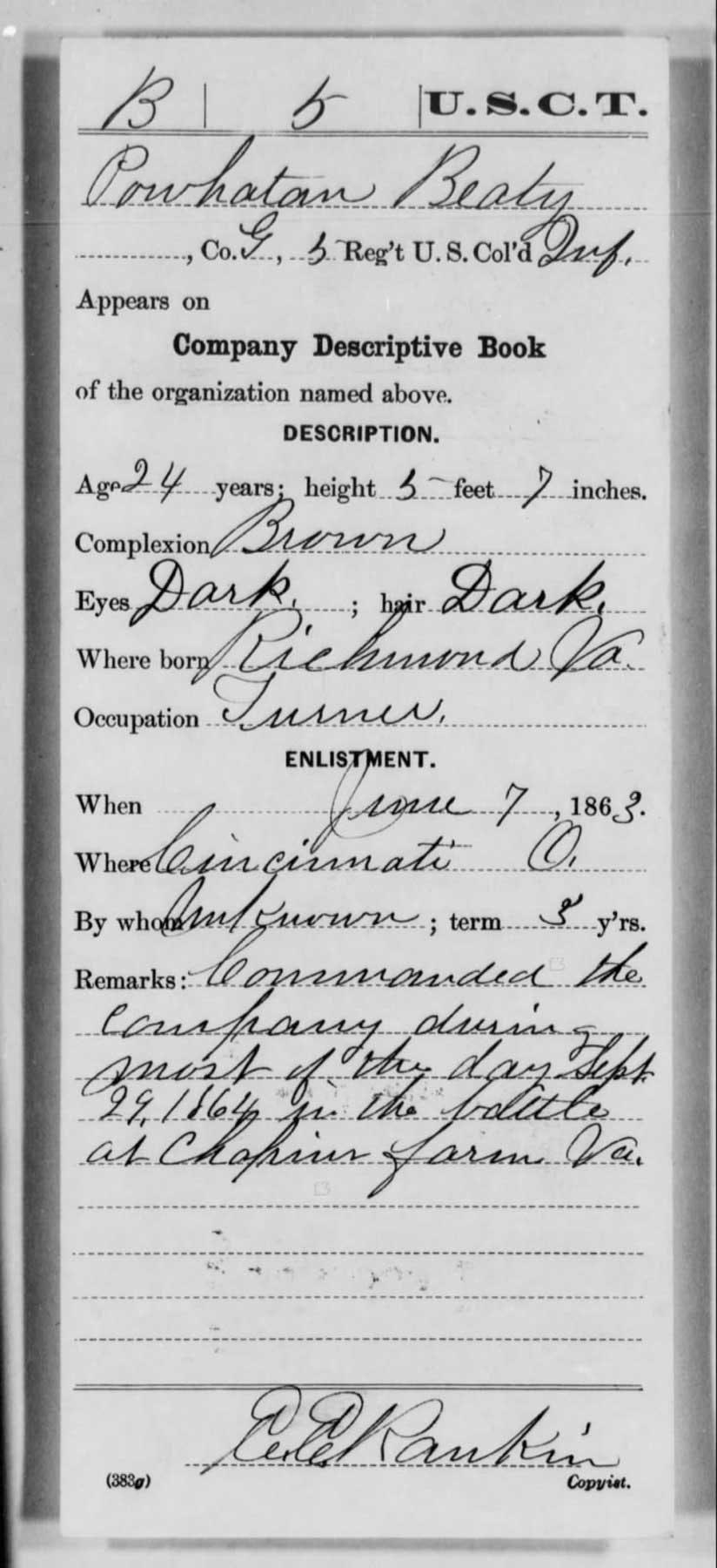 Sgt. Powhatan Beaty of the 5th USCT earned the Medal of Honor for his courage at New Market Heights.