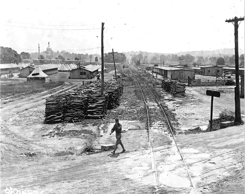 A black and white photograph of the World War I Tank Corps training camp at Gettysburg, Camp Colt