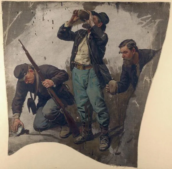 Oil on linen study of three Union Civil War soldiers drinking from and holding canteens.