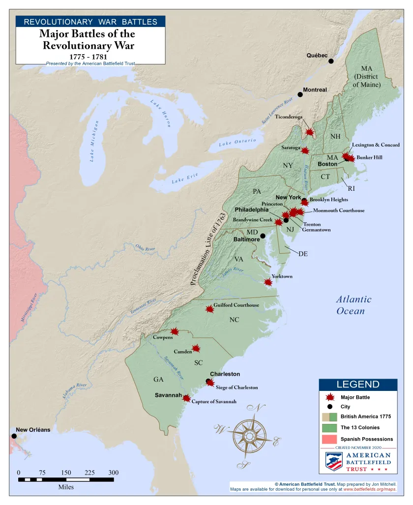 This map marks the major battles of the America Revolution within the Thirteen Colonies.