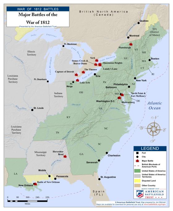 This map portrays the major battles of the War of 1812. 