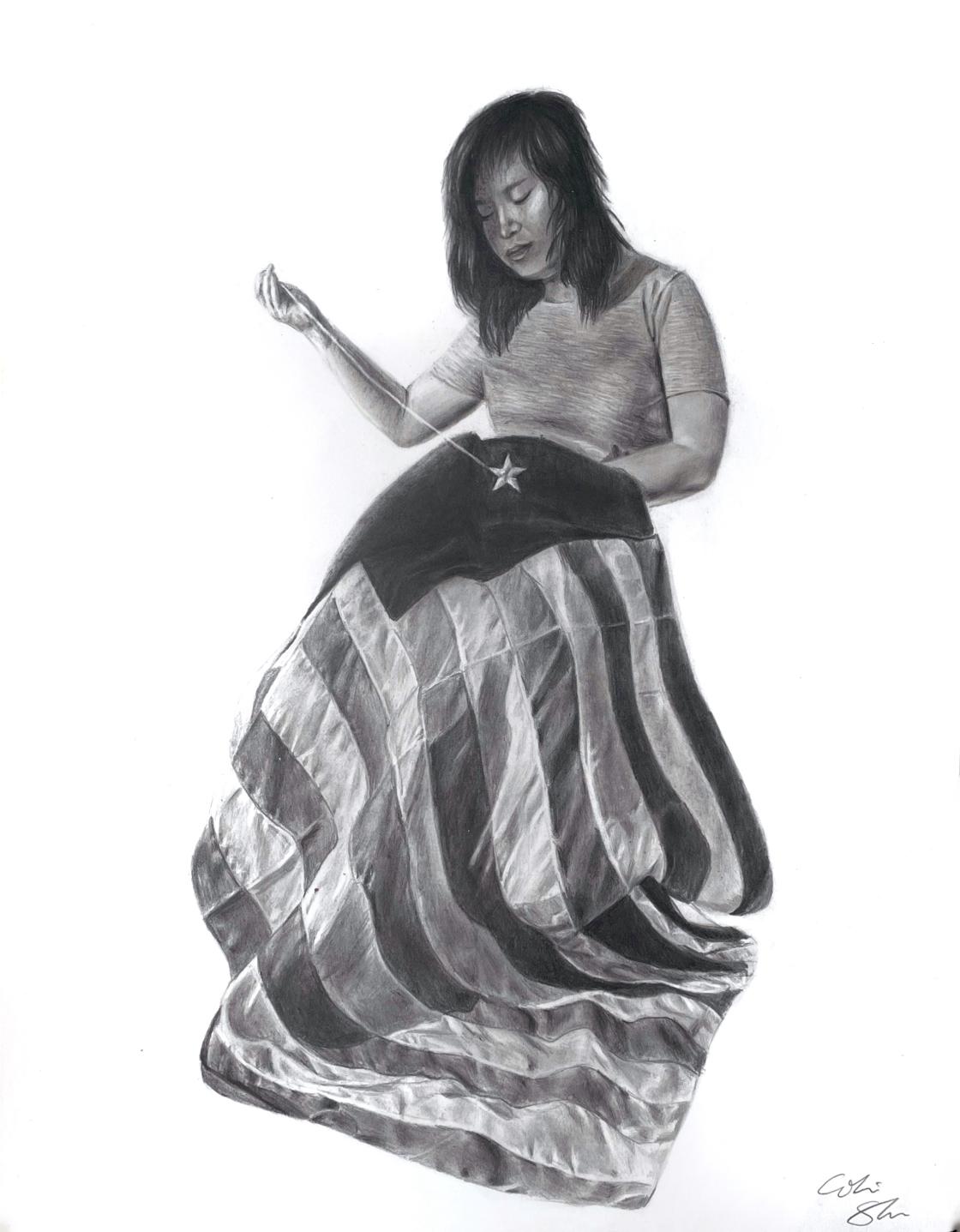 Drawing of a woman sewing a flag