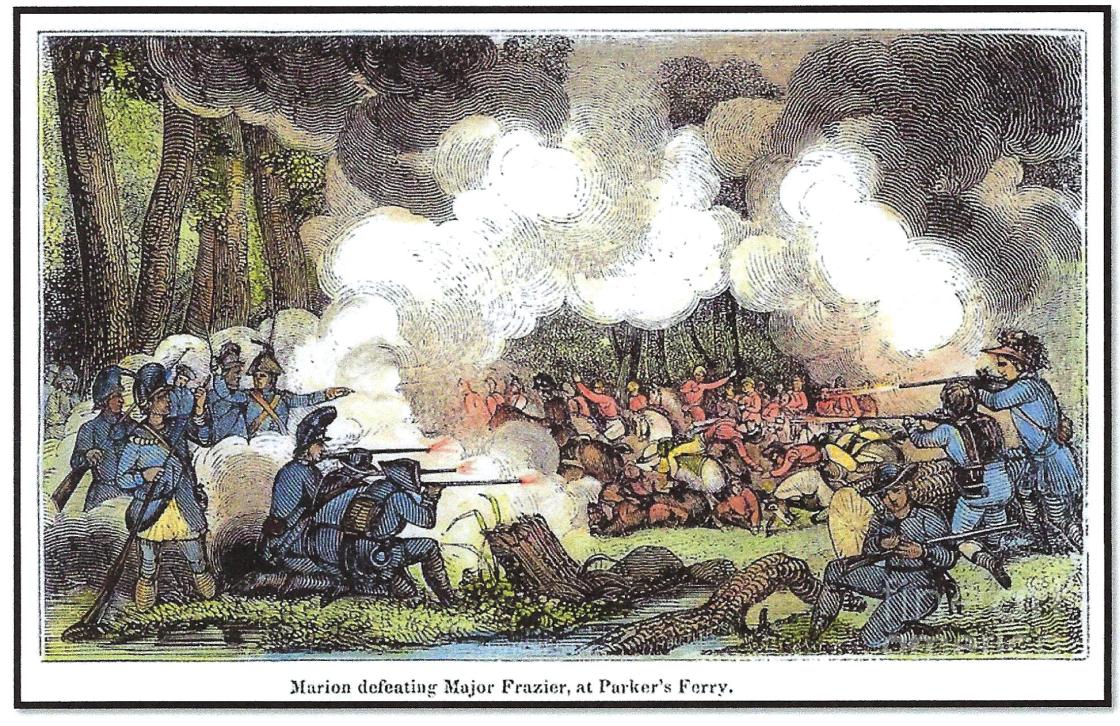 A colorized engraving showing a battle in the woods.