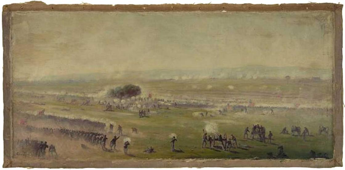 Picketts charge from a position on the enemys line looking toward the Union lines, Zieglers grove on the left, clump of trees on right / Edwin Forbes.