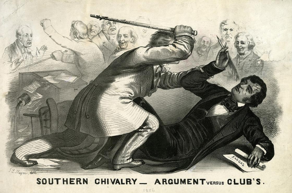 Political caricature of the caning of Charles Sumner, which occurred on May 22, 1856, depicting Sumner on the floor as Preston Brooks lunges at him in retaliation for a speech given by Sumner criticizing slaveholders. 