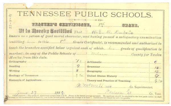 W. E. B. Du Bois Tennessee Public Schools teacher's certificate, June 27, 1886