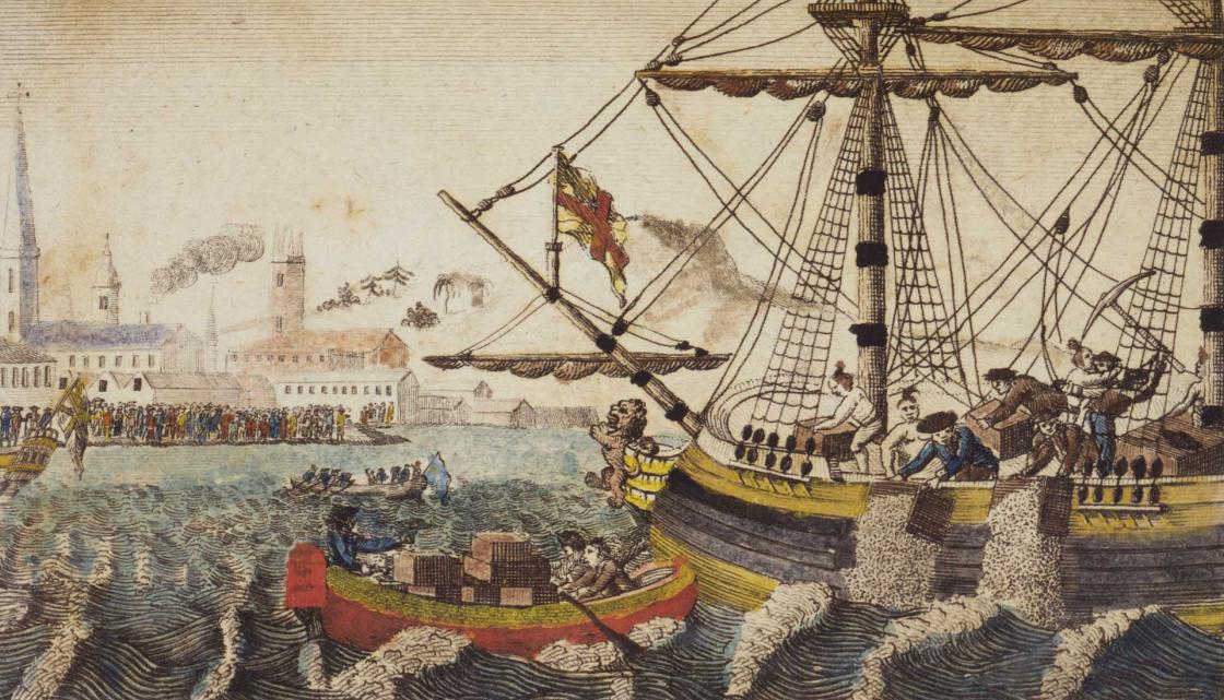 “Boston Tea Party;” by W.W. Cooper.  Engraving in The History of North America, 1789.