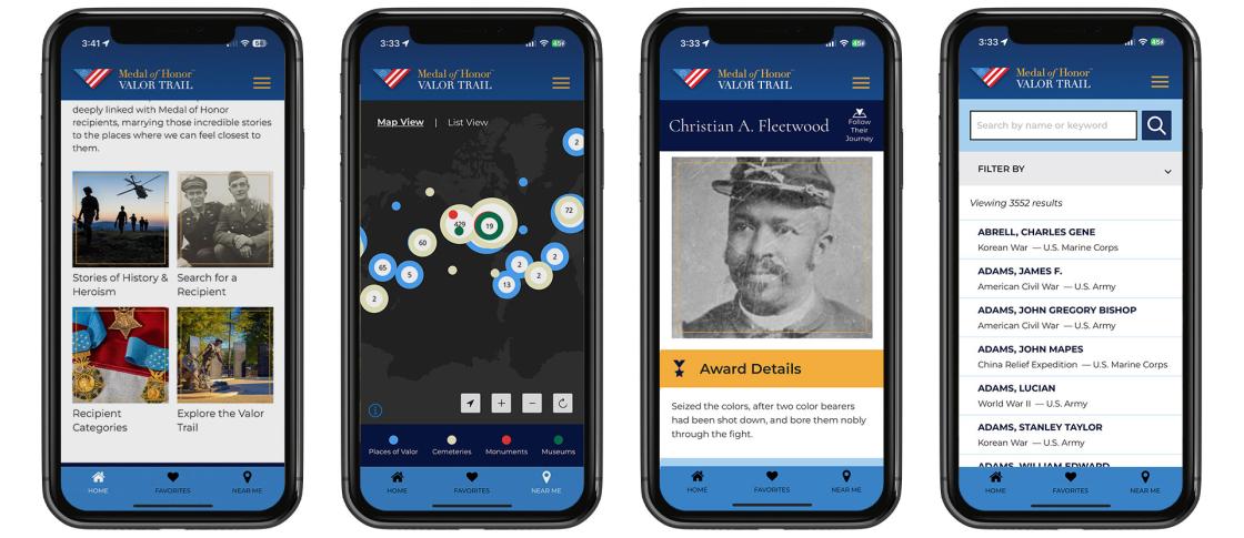 Several iPhones displaying the Medal of Honor Valor Trail™ App