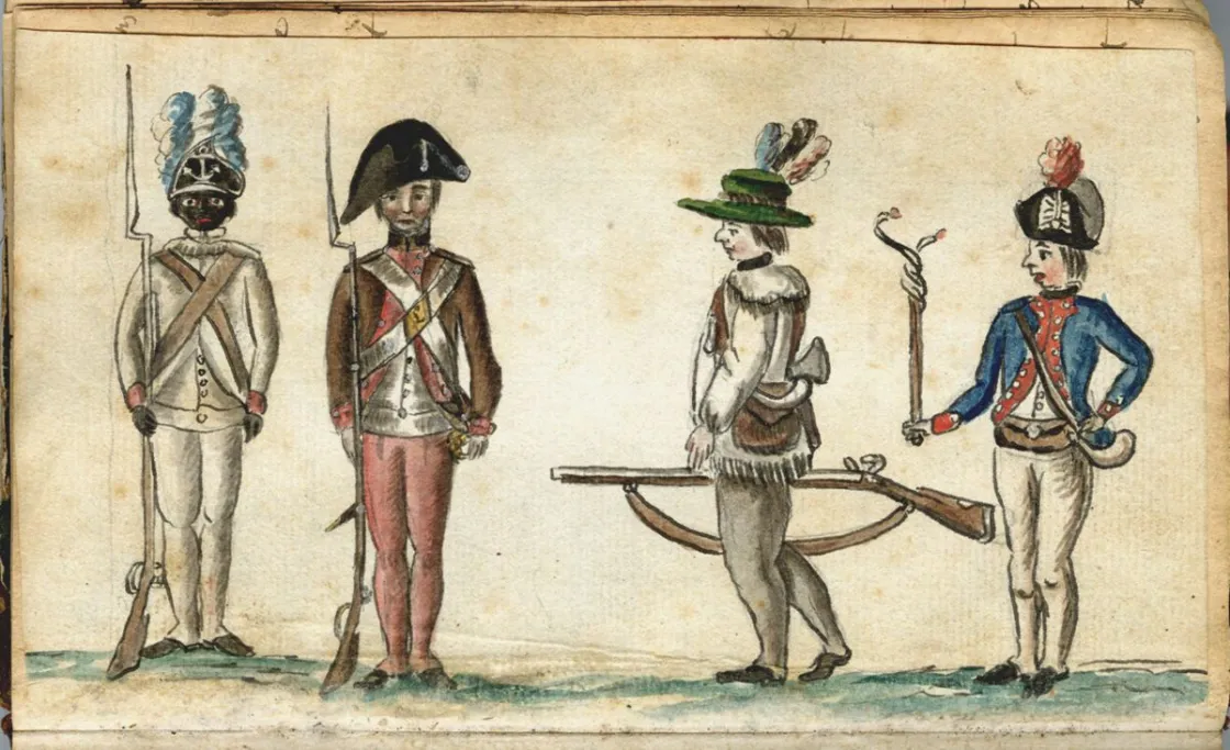 This watercolor depicts an African-American soldier of the Rhode Island Regiment, and three other soldiers in American uniforms.