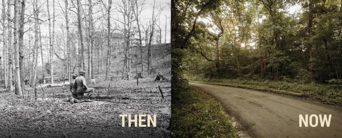 Then and now comparison of soldier graves below Sudley Church in March 1862 and today.