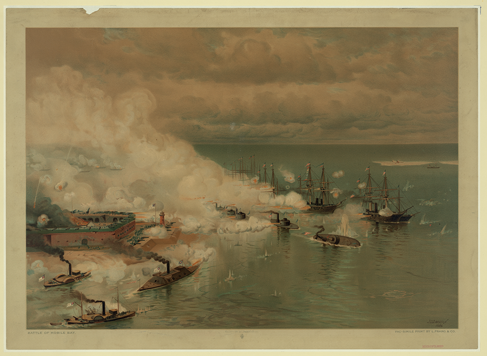 The USS Tecumseh strikes a mine and sinks at the Battle of Mobile Bay