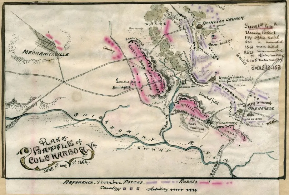 This is a map detailing the military tactics used at the Battle of Cold Harbor.