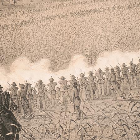 Soldiers firing in a line at the Perryville Battle