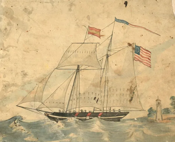 drawing of a small ship at sea with an American flag